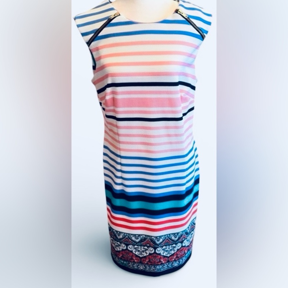 Karin Stevens Size 12 Striped Sheath Dress Sleeveless Knee Length Modern Classic